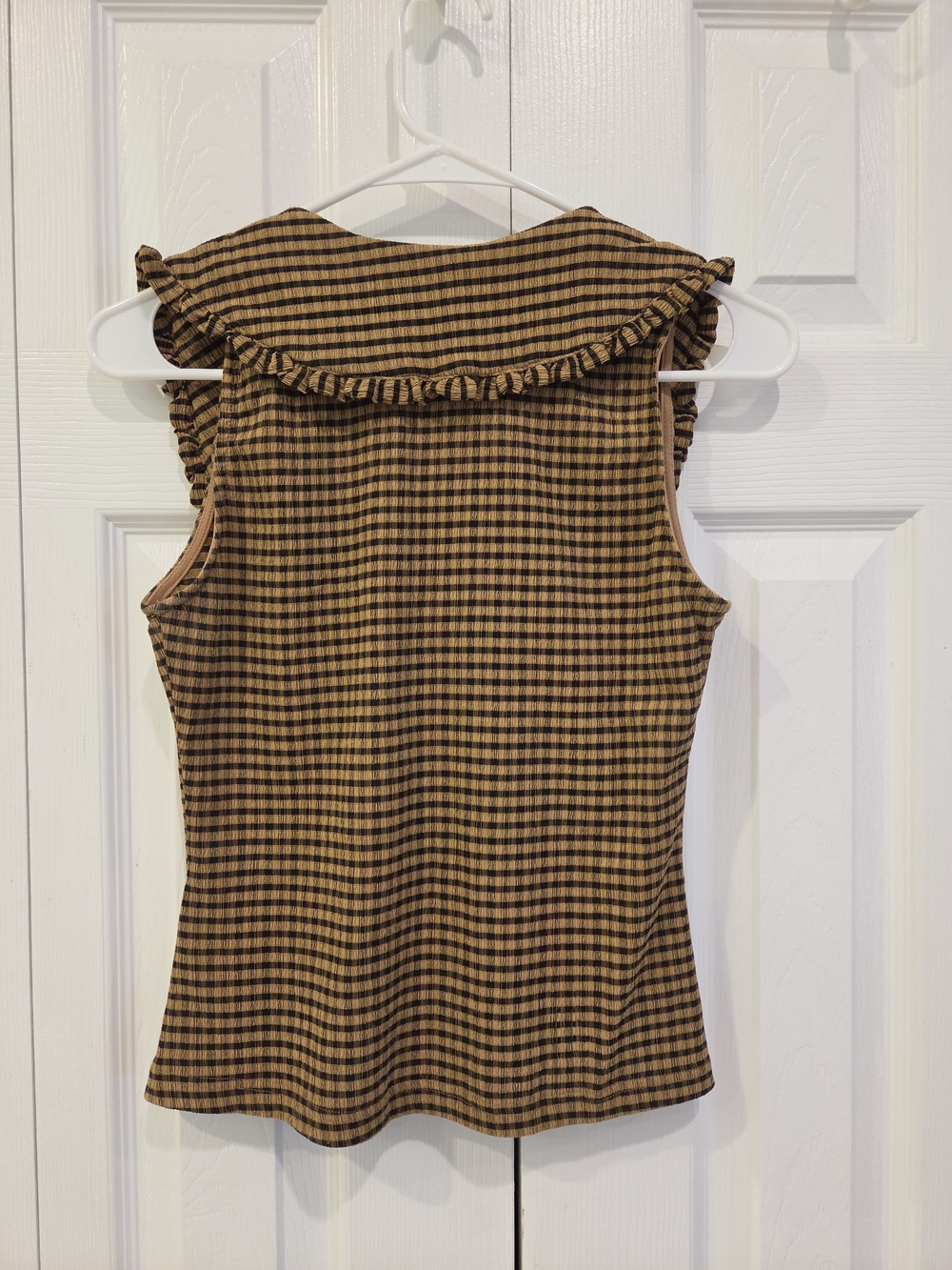Anthropologie Maeve Brown Gingham Ruffle Collar Tank Top - Picture 4 of 4